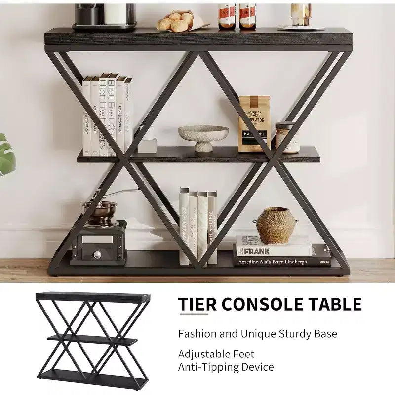 3 Tier Industrial Console Sofa Table with Storage, Entryway Table with Open Shelves, X-Shaped Metal Frame, Foyer Table for Entryway, Hallway