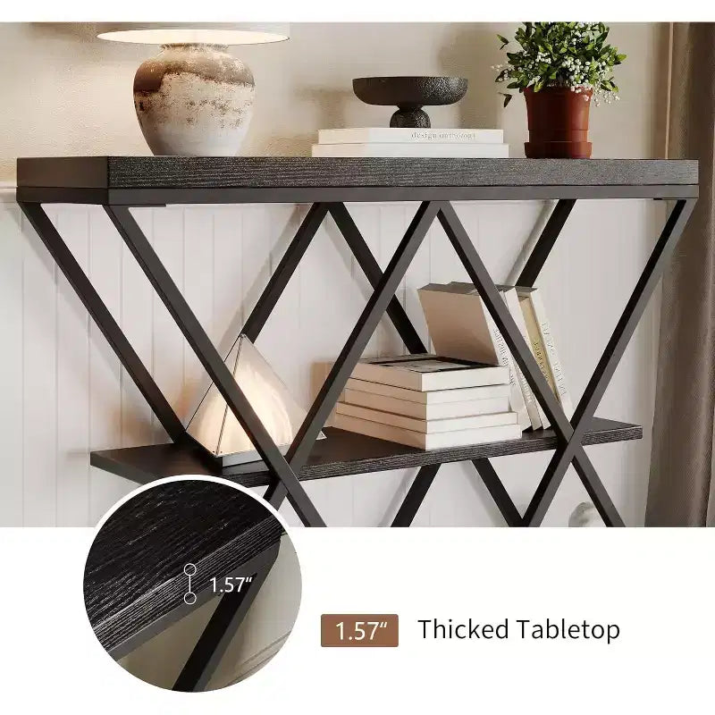 3 Tier Industrial Console Sofa Table with Storage, Entryway Table with Open Shelves, X-Shaped Metal Frame, Foyer Table for Entryway, Hallway