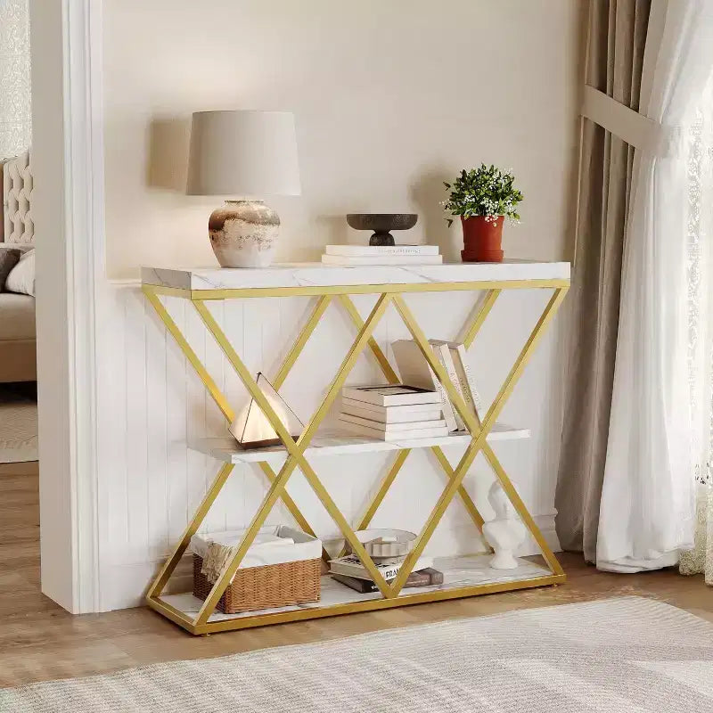 3 Tier Industrial Console Sofa Table with Storage, Entryway Table with Open Shelves, X-Shaped Metal Frame, Foyer Table for Entryway, Hallway