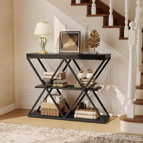 3 Tier Industrial Console Sofa Table with Storage, Entryway Table with Open Shelves, X-Shaped Metal Frame, Foyer Table for Entryway, Hallway