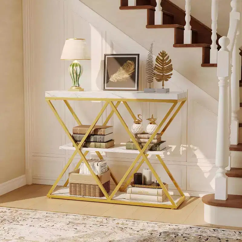3 Tier Industrial Console Sofa Table with Storage, Entryway Table with Open Shelves, X-Shaped Metal Frame, Foyer Table for Entryway, Hallway