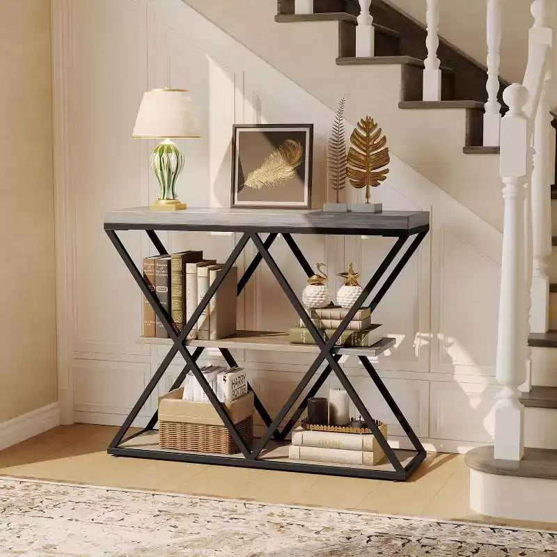 3 Tier Industrial Console Sofa Table with Storage, Entryway Table with Open Shelves, X-Shaped Metal Frame, Foyer Table for Entryway, Hallway