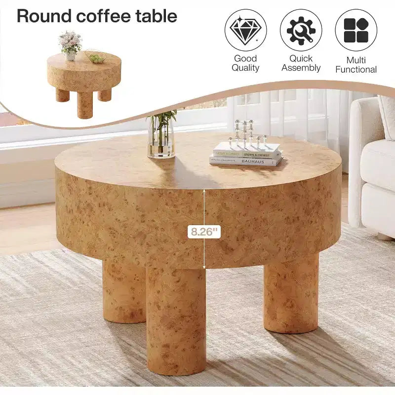 Lantine 31.5-Inch Round Coffee Table for Living Room, Modern Circle Center Cocktail Tea Table with Burl Texture & Sturdy Legs, for Home Apartment