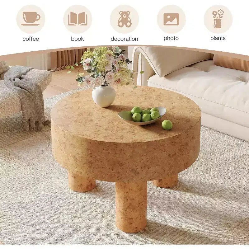Lantine 31.5-Inch Round Coffee Table for Living Room, Modern Circle Center Cocktail Tea Table with Burl Texture & Sturdy Legs, for Home Apartment