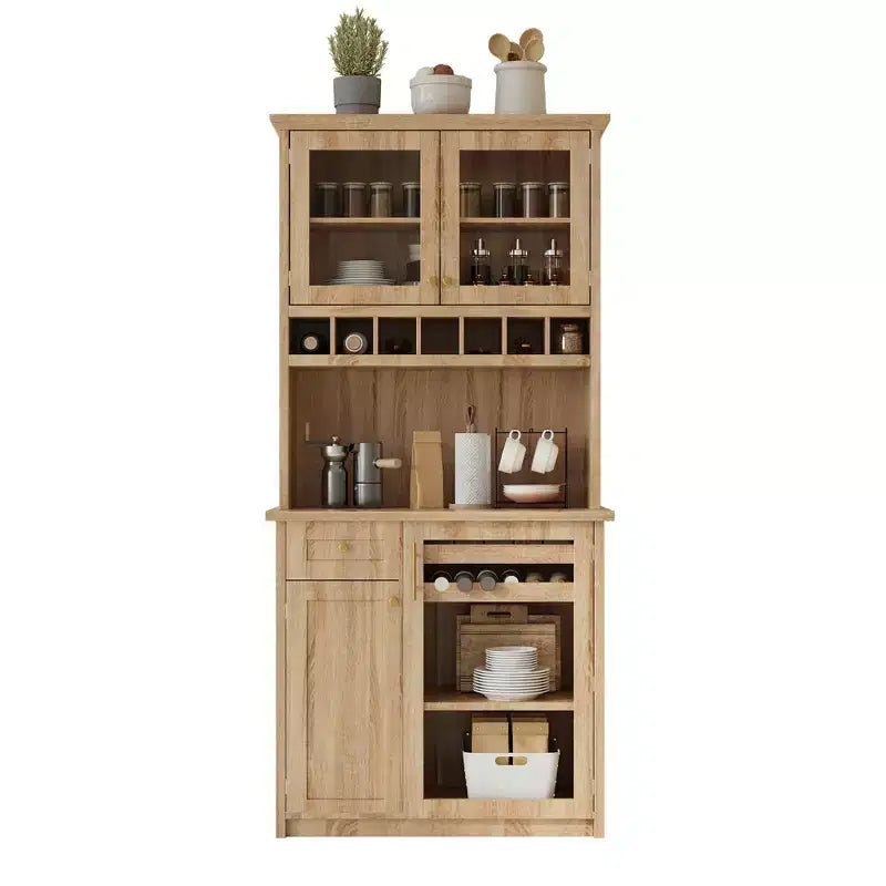 GDFStudio Jim Farmhouse 35.4 Freestanding Tall Kitchen Pantry Cabinet with Wine Rack and Tempered Glass Doors