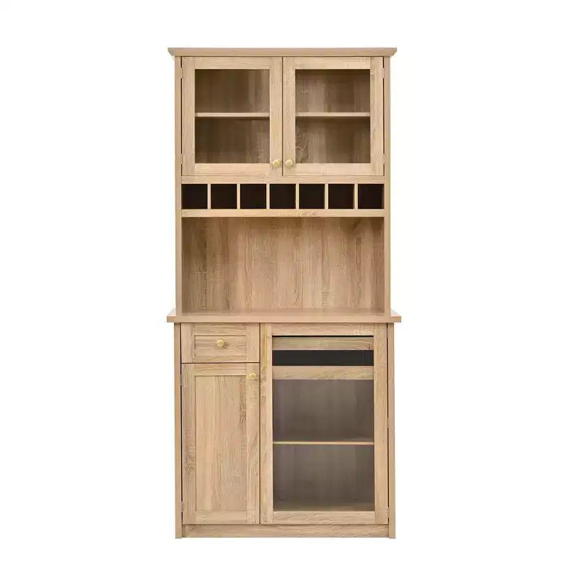 GDFStudio Jim Farmhouse 35.4 Freestanding Tall Kitchen Pantry Cabinet with Wine Rack and Tempered Glass Doors