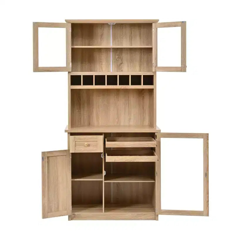 GDFStudio Jim Farmhouse 35.4 Freestanding Tall Kitchen Pantry Cabinet with Wine Rack and Tempered Glass Doors