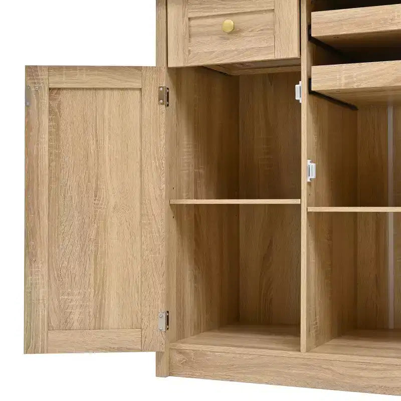 GDFStudio Jim Farmhouse 35.4 Freestanding Tall Kitchen Pantry Cabinet with Wine Rack and Tempered Glass Doors
