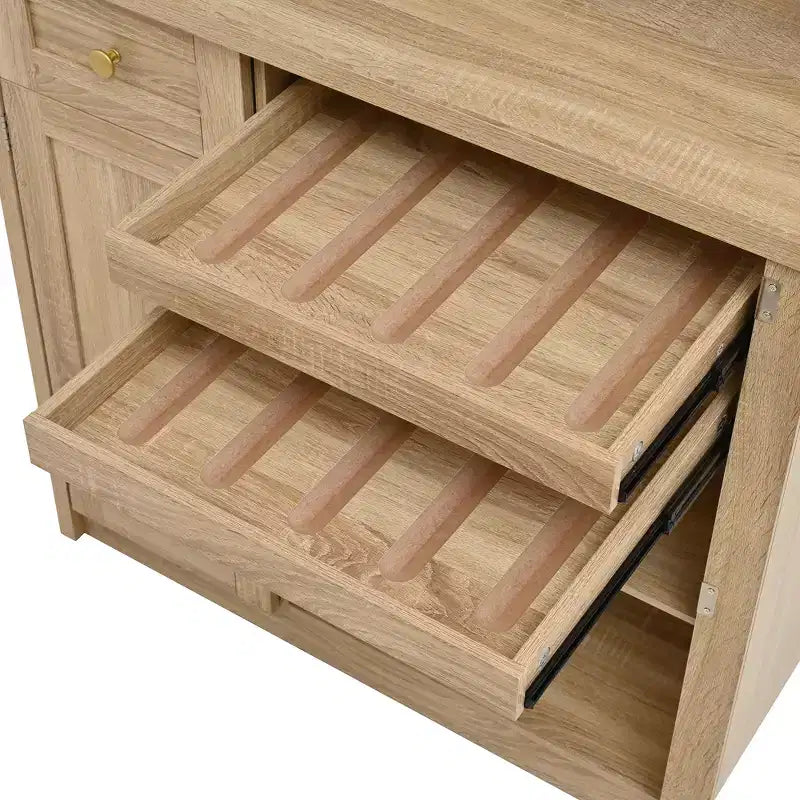 GDFStudio Jim Farmhouse 35.4 Freestanding Tall Kitchen Pantry Cabinet with Wine Rack and Tempered Glass Doors