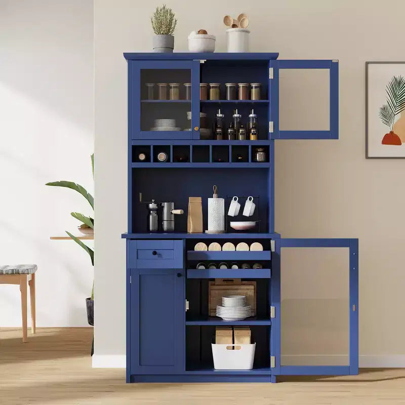 GDFStudio Jim Farmhouse 35.4 Freestanding Tall Kitchen Pantry Cabinet with Wine Rack and Tempered Glass Doors