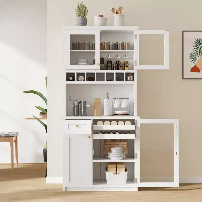 GDFStudio Jim Farmhouse 35.4 Freestanding Tall Kitchen Pantry Cabinet with Wine Rack and Tempered Glass Doors