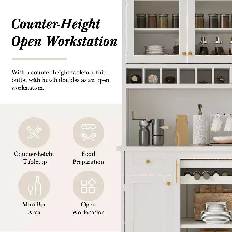 GDFStudio Jim Farmhouse 35.4 Freestanding Tall Kitchen Pantry Cabinet with Wine Rack and Tempered Glass Doors