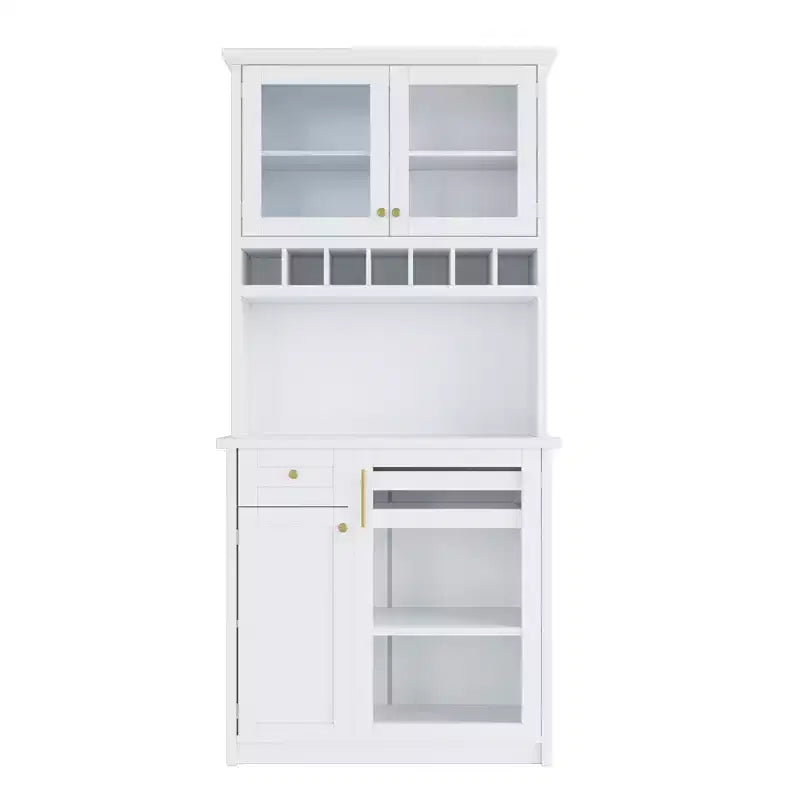 GDFStudio Jim Farmhouse 35.4 Freestanding Tall Kitchen Pantry Cabinet with Wine Rack and Tempered Glass Doors