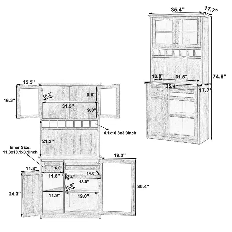 GDFStudio Jim Farmhouse 35.4 Freestanding Tall Kitchen Pantry Cabinet with Wine Rack and Tempered Glass Doors