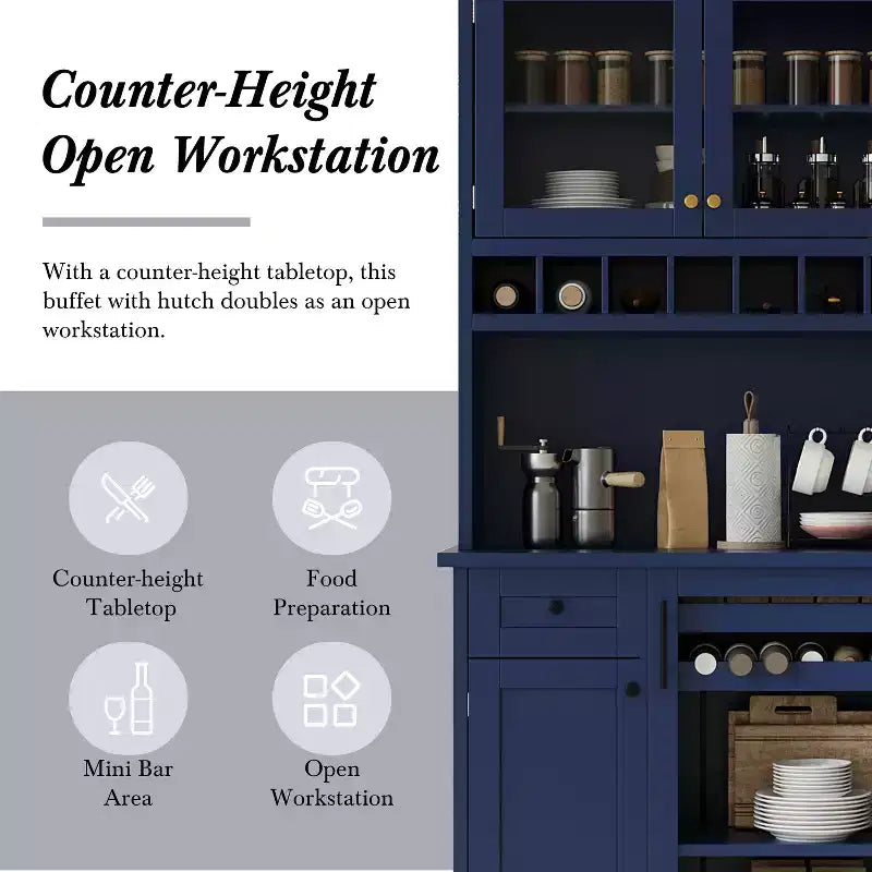 GDFStudio Jim Farmhouse 35.4 Freestanding Tall Kitchen Pantry Cabinet with Wine Rack and Tempered Glass Doors