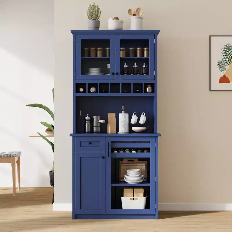 GDFStudio Jim Farmhouse 35.4 Freestanding Tall Kitchen Pantry Cabinet with Wine Rack and Tempered Glass Doors