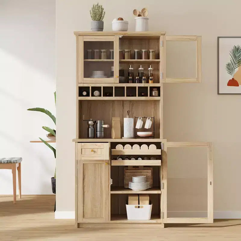 GDFStudio Jim Farmhouse 35.4 Freestanding Tall Kitchen Pantry Cabinet with Wine Rack and Tempered Glass Doors