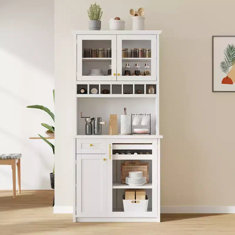 GDFStudio Jim Farmhouse 35.4 Freestanding Tall Kitchen Pantry Cabinet with Wine Rack and Tempered Glass Doors