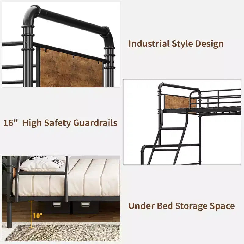 Heavy-Duty Bunk Beds with Ladders, Guardrails, and Under-Bed Storage; Made of Metal, Suitable for Children and Teenagers, Quiet, and Space-Saving