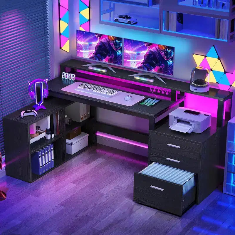 Balconera 65inch L Shaped Desk Computer Desk with LED Lights &File Cabinet, Corner Desk with 3 Drawers & 4 Open Storage Shelves
