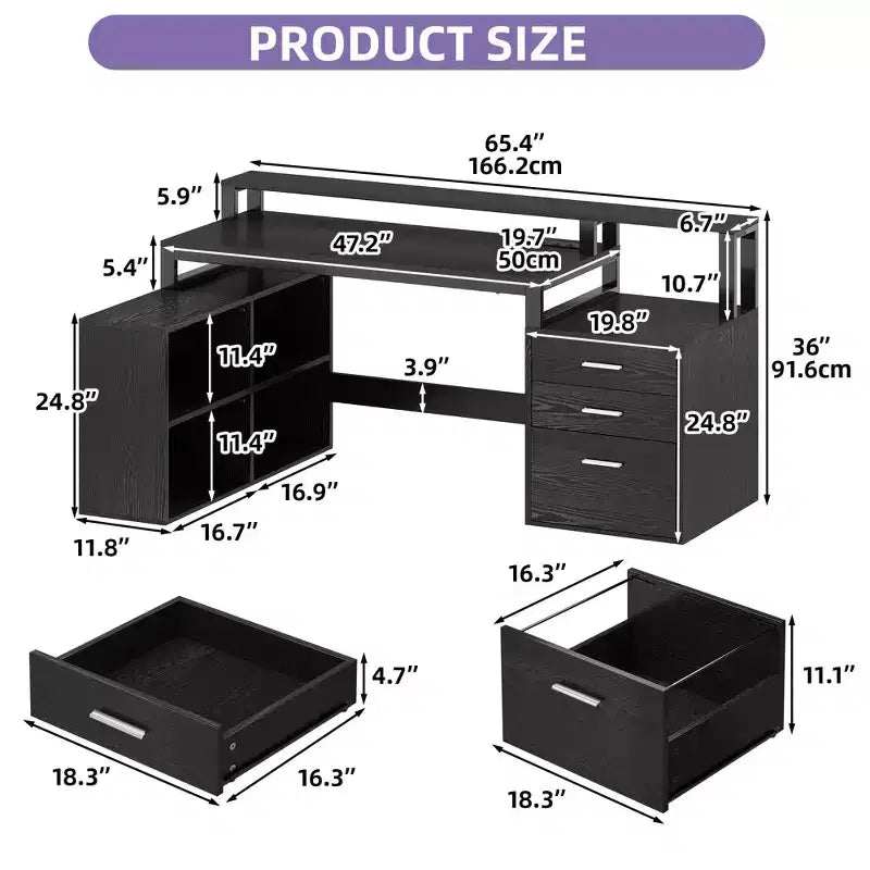 Balconera 65inch L Shaped Desk Computer Desk with LED Lights &File Cabinet, Corner Desk with 3 Drawers & 4 Open Storage Shelves