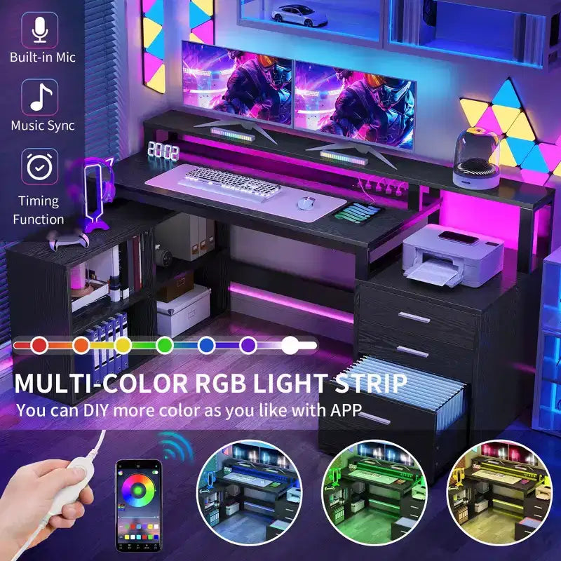 Balconera 65inch L Shaped Desk Computer Desk with LED Lights &File Cabinet, Corner Desk with 3 Drawers & 4 Open Storage Shelves