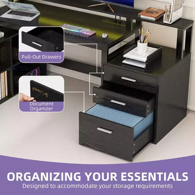 Balconera 65inch L Shaped Desk Computer Desk with LED Lights &File Cabinet, Corner Desk with 3 Drawers & 4 Open Storage Shelves