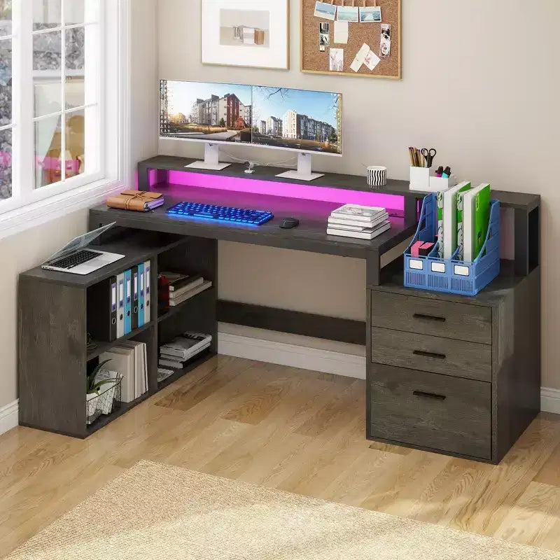 Balconera 65inch L Shaped Desk Computer Desk with LED Lights &File Cabinet, Corner Desk with 3 Drawers & 4 Open Storage Shelves