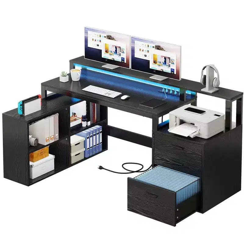 Balconera 65inch L Shaped Desk Computer Desk with LED Lights &File Cabinet, Corner Desk with 3 Drawers & 4 Open Storage Shelves