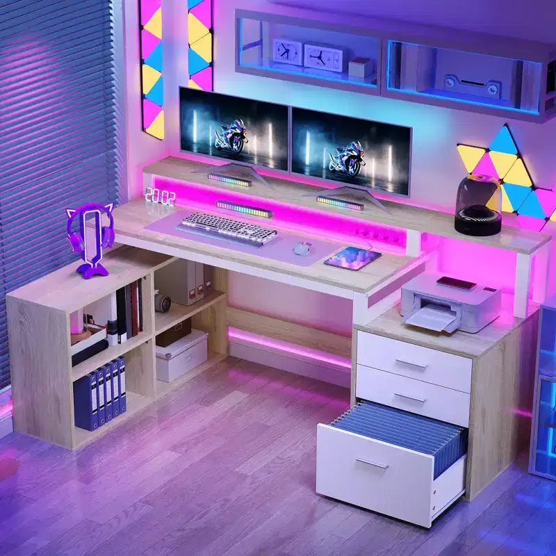 Balconera 65inch L Shaped Desk Computer Desk with LED Lights &File Cabinet, Corner Desk with 3 Drawers & 4 Open Storage Shelves