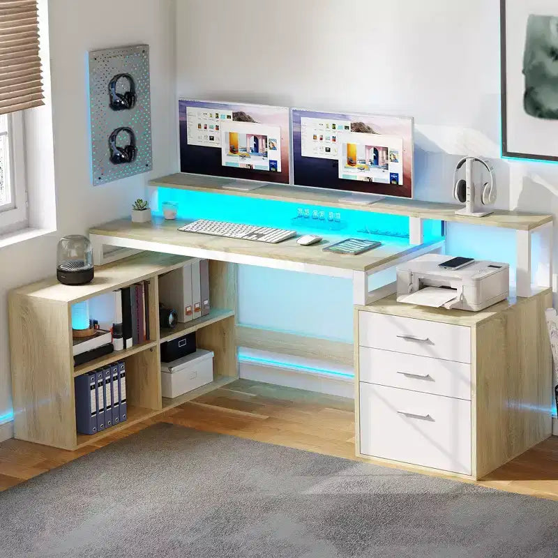 Balconera 65inch L Shaped Desk Computer Desk with LED Lights &File Cabinet, Corner Desk with 3 Drawers & 4 Open Storage Shelves