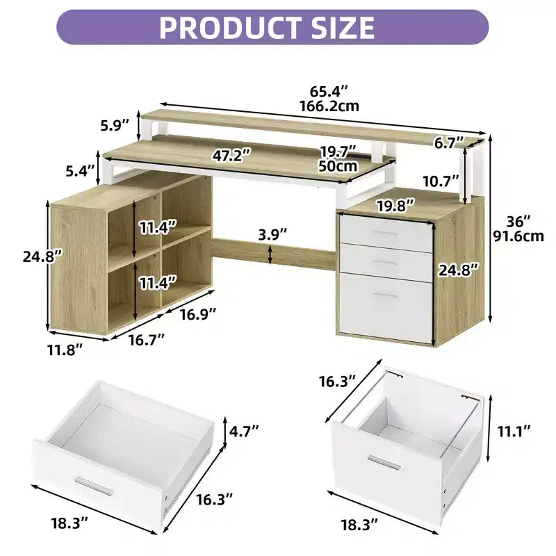 Balconera 65inch L Shaped Desk Computer Desk with LED Lights &File Cabinet, Corner Desk with 3 Drawers & 4 Open Storage Shelves
