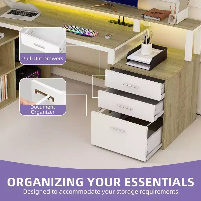 Balconera 65inch L Shaped Desk Computer Desk with LED Lights &File Cabinet, Corner Desk with 3 Drawers & 4 Open Storage Shelves