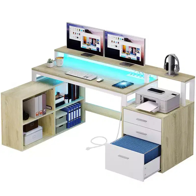 Balconera 65inch L Shaped Desk Computer Desk with LED Lights &File Cabinet, Corner Desk with 3 Drawers & 4 Open Storage Shelves