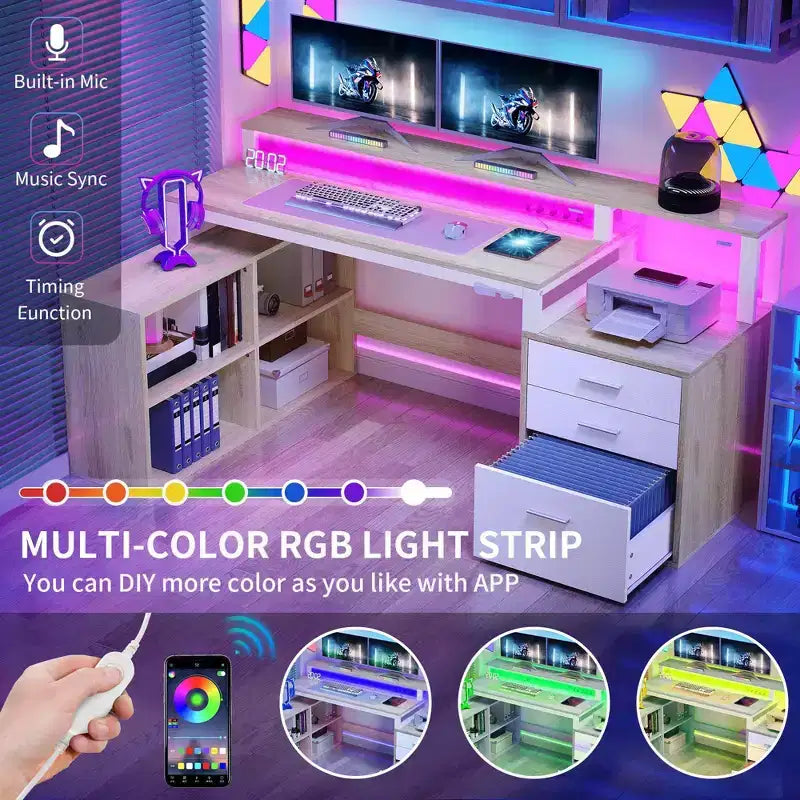 Balconera 65inch L Shaped Desk Computer Desk with LED Lights &File Cabinet, Corner Desk with 3 Drawers & 4 Open Storage Shelves