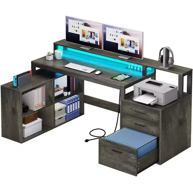 Balconera 65inch L Shaped Desk Computer Desk with LED Lights &File Cabinet, Corner Desk with 3 Drawers & 4 Open Storage Shelves
