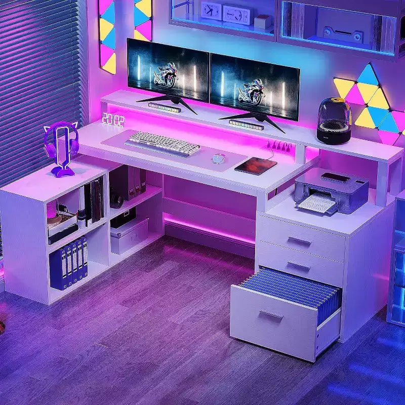 Balconera 65inch L Shaped Desk Computer Desk with LED Lights &File Cabinet, Corner Desk with 3 Drawers & 4 Open Storage Shelves