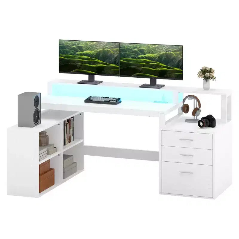 Balconera 65inch L Shaped Desk Computer Desk with LED Lights &File Cabinet, Corner Desk with 3 Drawers & 4 Open Storage Shelves