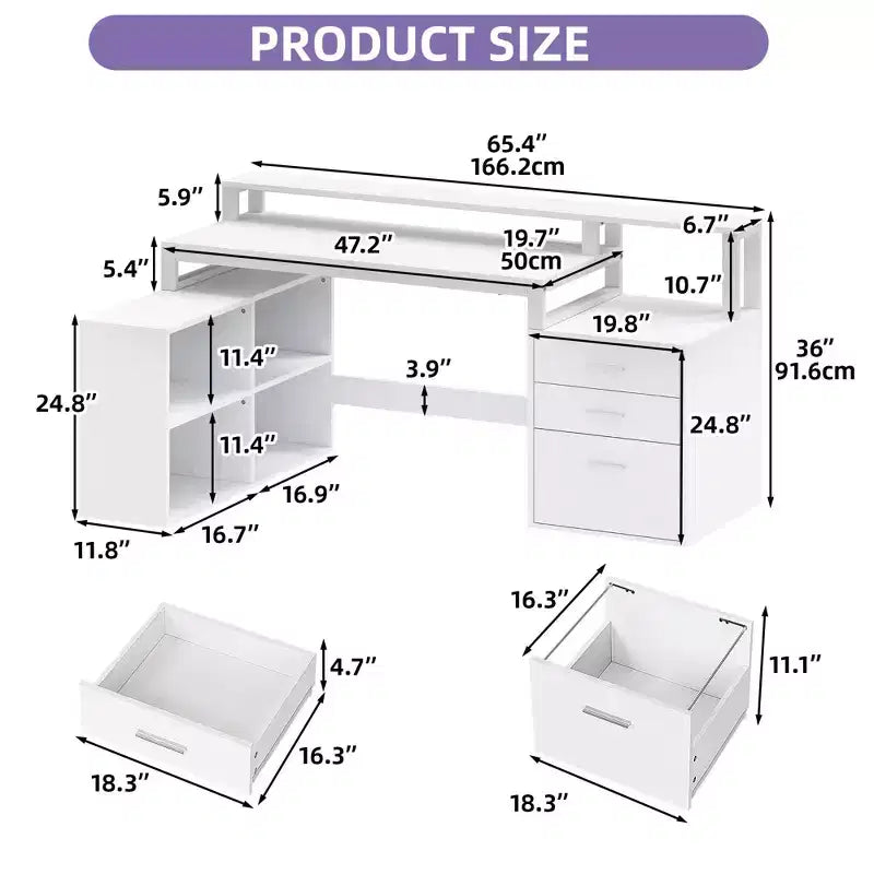 Balconera 65inch L Shaped Desk Computer Desk with LED Lights &File Cabinet, Corner Desk with 3 Drawers & 4 Open Storage Shelves