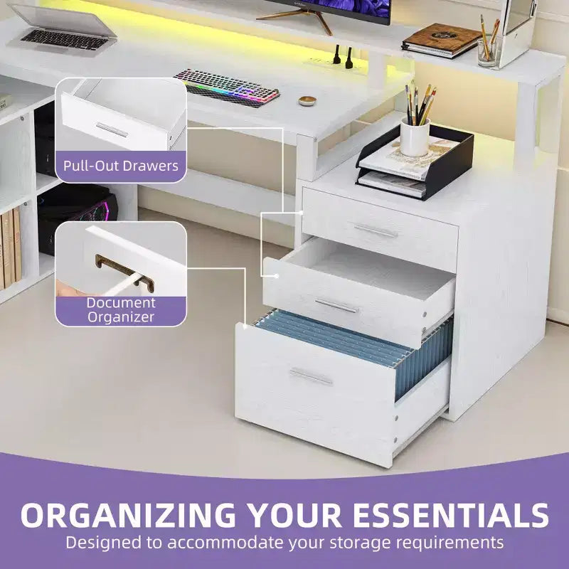 Balconera 65inch L Shaped Desk Computer Desk with LED Lights &File Cabinet, Corner Desk with 3 Drawers & 4 Open Storage Shelves