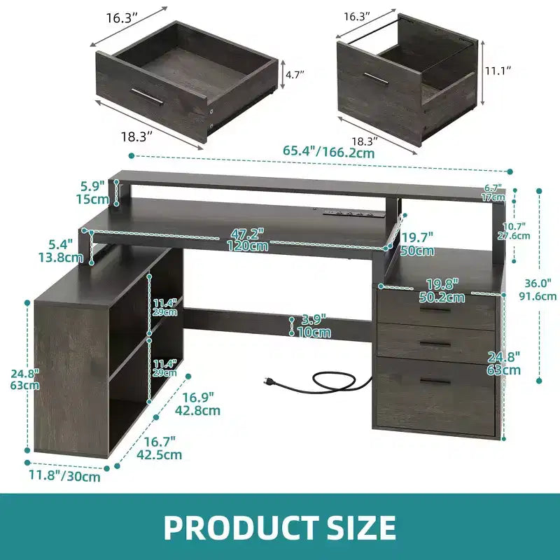 Balconera 65inch L Shaped Desk Computer Desk with LED Lights &File Cabinet, Corner Desk with 3 Drawers & 4 Open Storage Shelves