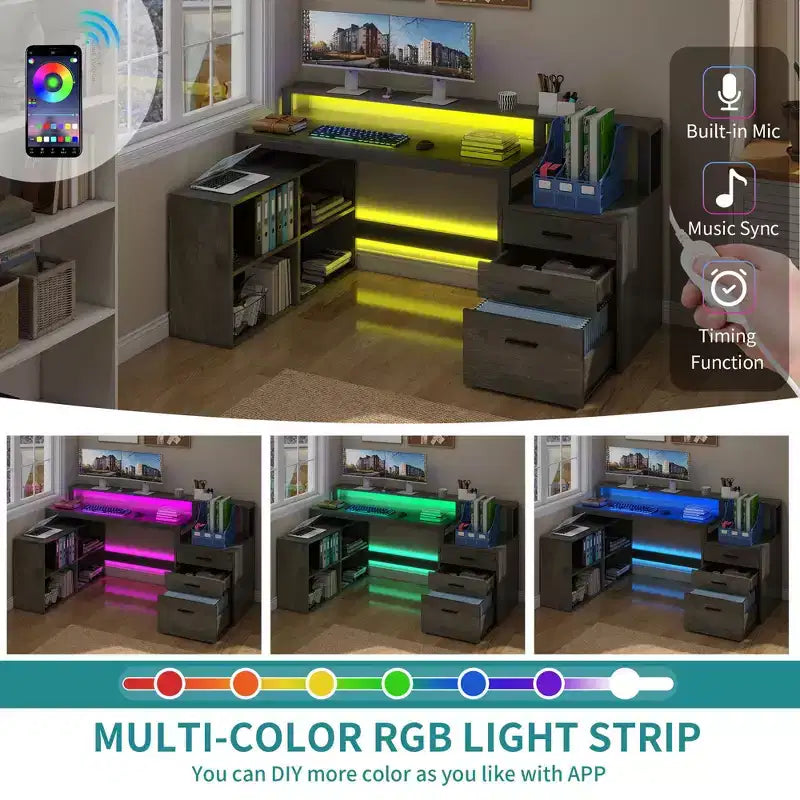 Balconera 65inch L Shaped Desk Computer Desk with LED Lights &File Cabinet, Corner Desk with 3 Drawers & 4 Open Storage Shelves
