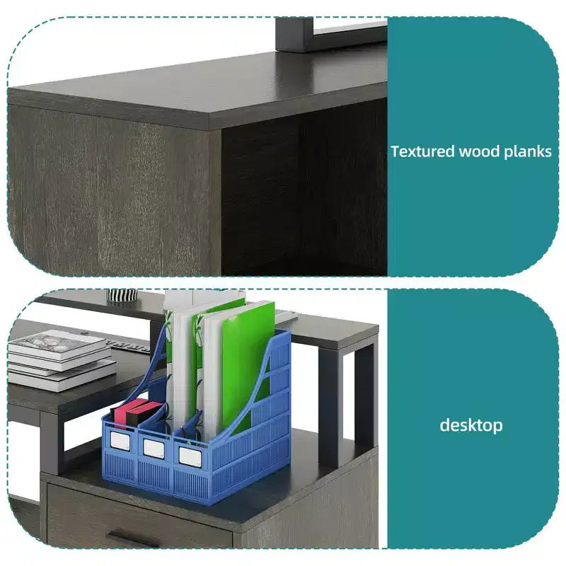 Balconera 65inch L Shaped Desk Computer Desk with LED Lights &File Cabinet, Corner Desk with 3 Drawers & 4 Open Storage Shelves
