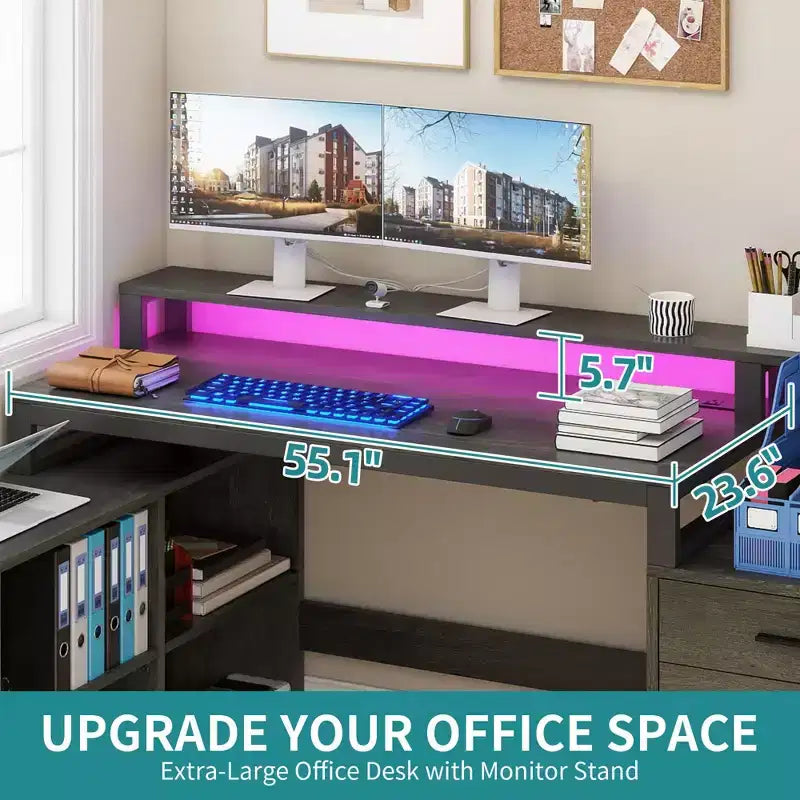 Balconera 65inch L Shaped Desk Computer Desk with LED Lights &File Cabinet, Corner Desk with 3 Drawers & 4 Open Storage Shelves