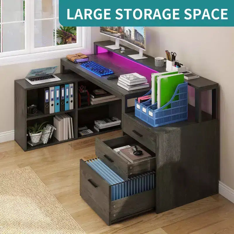 Balconera 65inch L Shaped Desk Computer Desk with LED Lights &File Cabinet, Corner Desk with 3 Drawers & 4 Open Storage Shelves