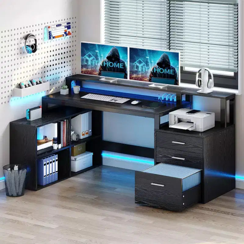 Balconera 65inch L Shaped Desk Computer Desk with LED Lights &File Cabinet, Corner Desk with 3 Drawers & 4 Open Storage Shelves