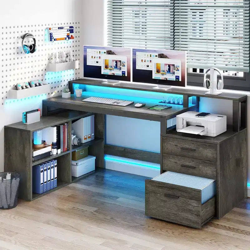 Balconera 65inch L Shaped Desk Computer Desk with LED Lights &File Cabinet, Corner Desk with 3 Drawers & 4 Open Storage Shelves