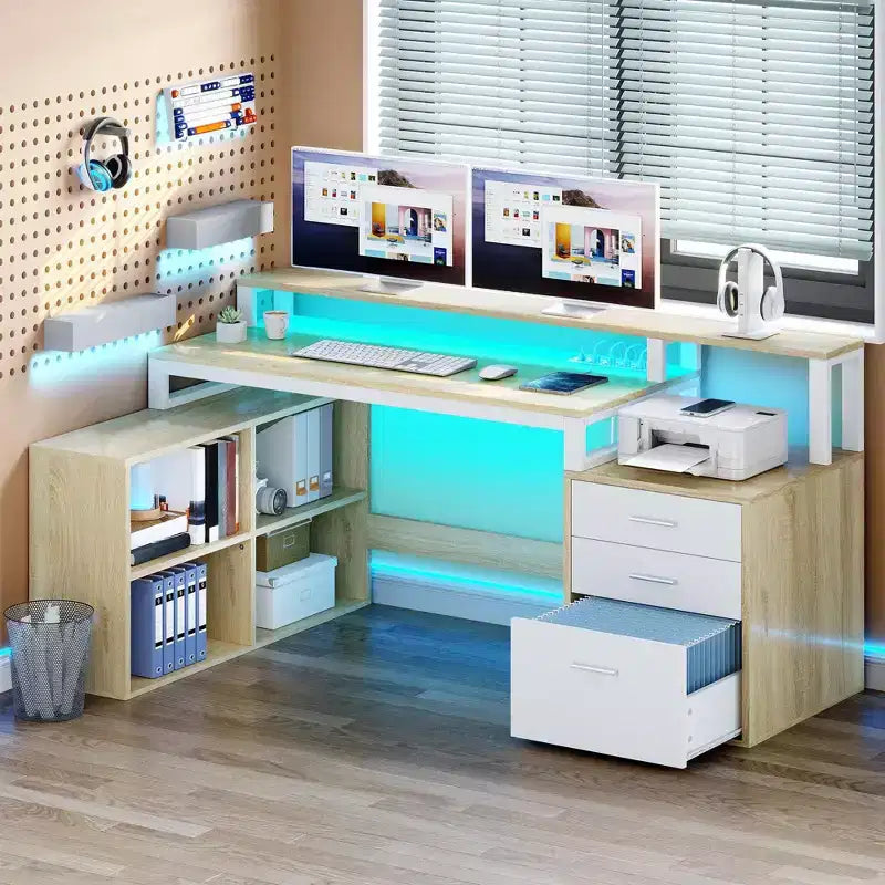 Balconera 65inch L Shaped Desk Computer Desk with LED Lights &File Cabinet, Corner Desk with 3 Drawers & 4 Open Storage Shelves