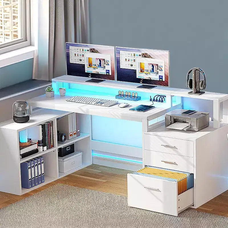 Balconera 65inch L Shaped Desk Computer Desk with LED Lights &File Cabinet, Corner Desk with 3 Drawers & 4 Open Storage Shelves