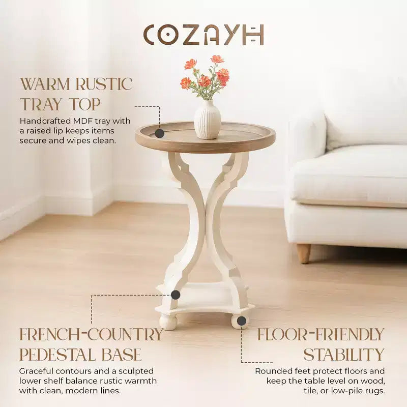 COZAYH Round Rustic Wood Accent Tray Top Nightstand Side Table, White, Set of 2